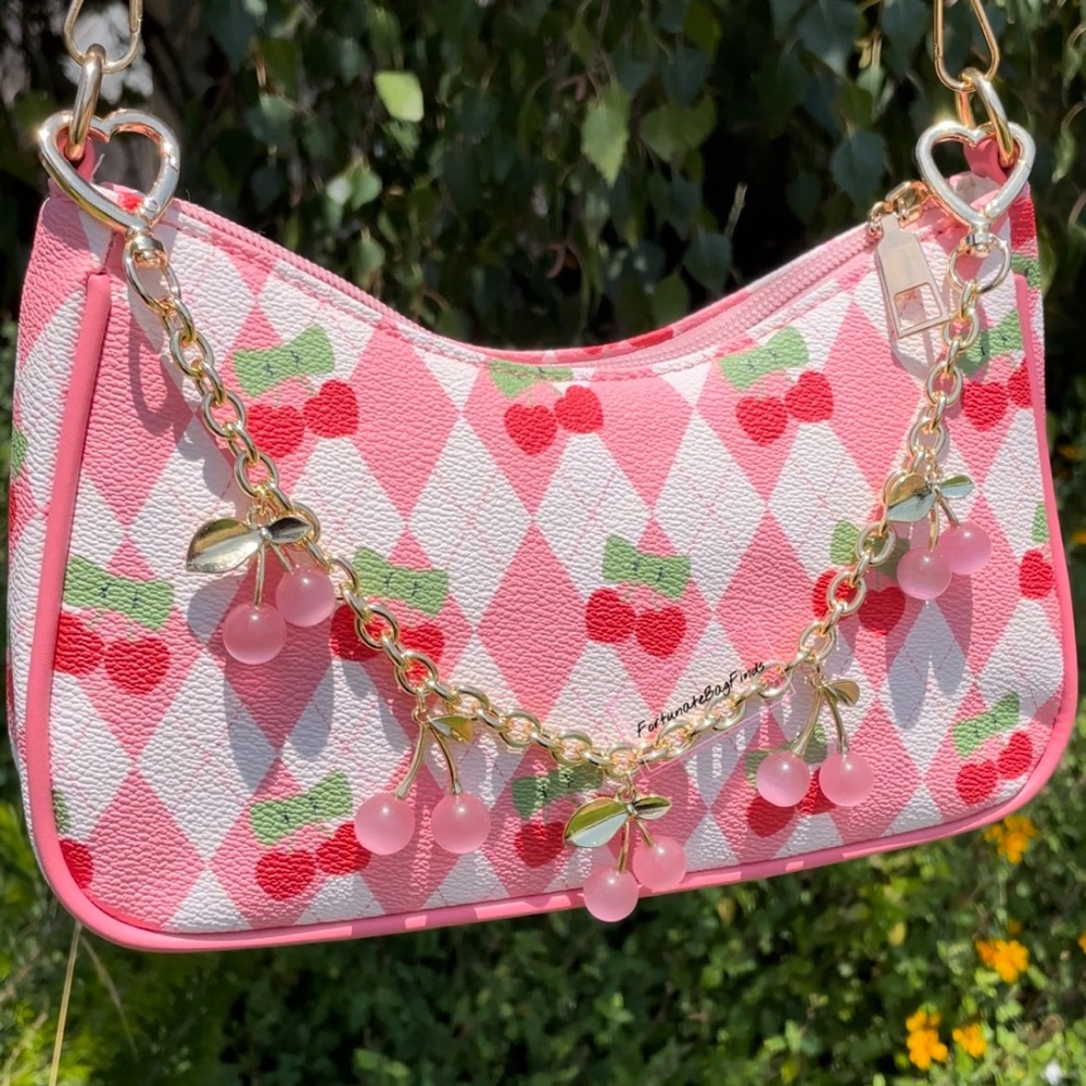 Pink Crystal Cherry Bag Charm Chain Novelty Purse Strap Baby Pink Cherries Charm - Picture 3 of 14